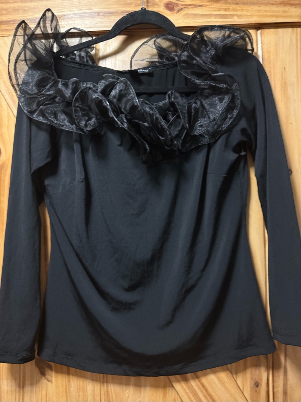 Boston Proper Black Long-Sleeve Top with Sheer Ruffle Collar